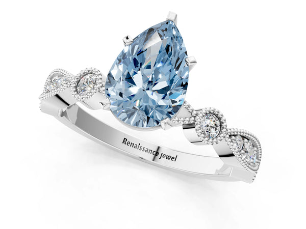 White gold Fancy Blue Pear  Milgrain Bezel Diamond Engagement Ring with Solitaire Prong Setting