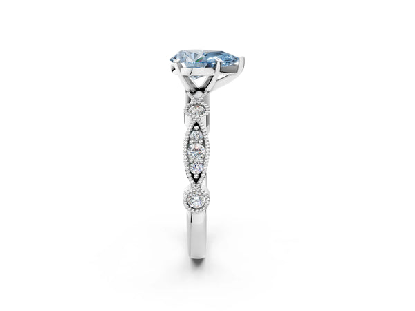White gold Fancy Blue Pear  Milgrain Bezel Diamond Engagement Ring with Solitaire Prong Setting