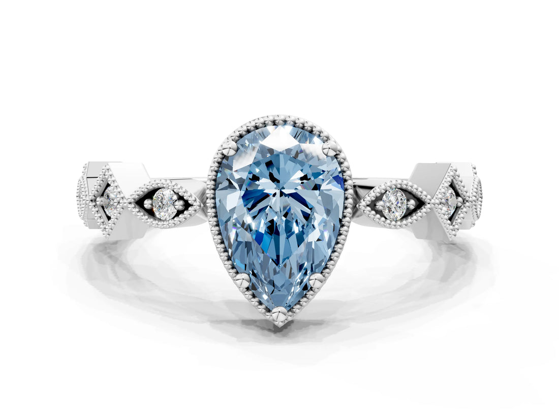 White gold Fancy Blue Pear  Milgrain Marquise Diamond Twist Band Ring_62
