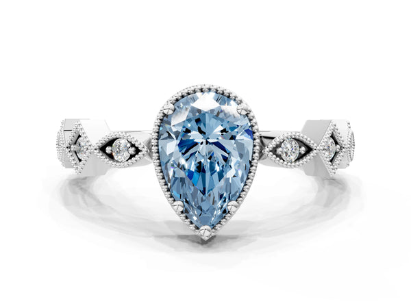 White gold Fancy Blue Pear  Milgrain Marquise Diamond Twist Band Ring