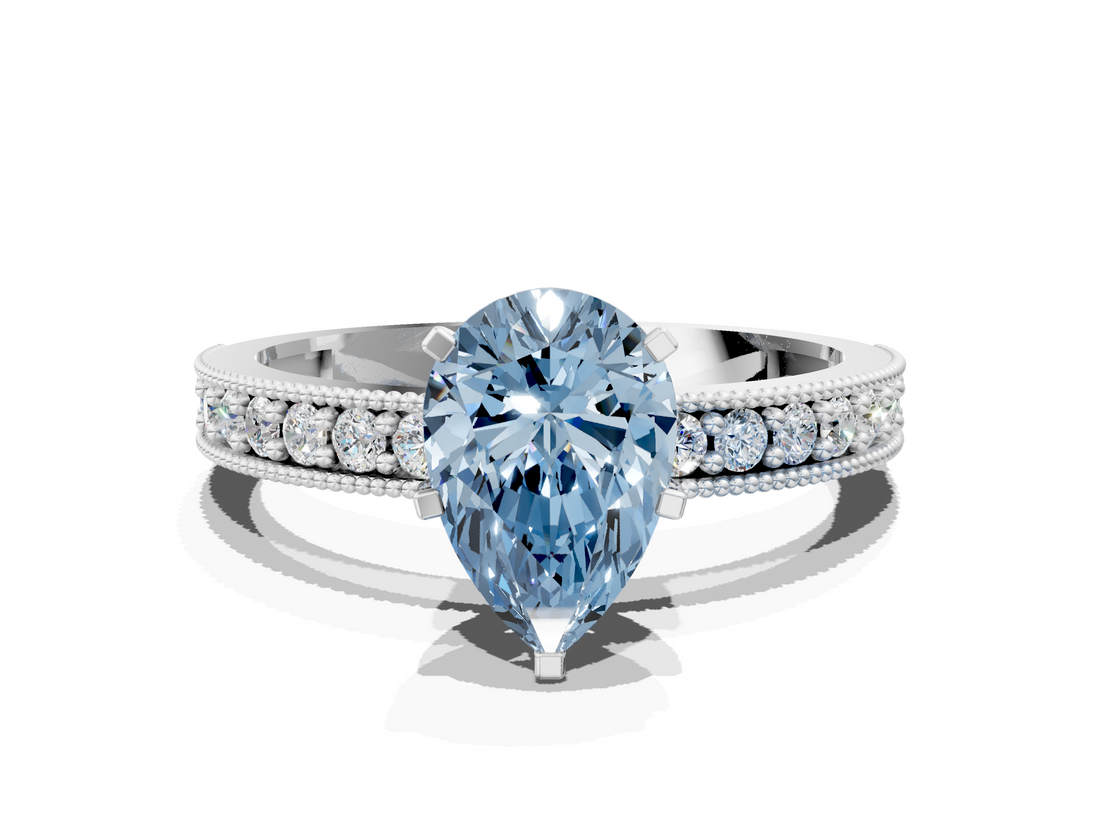 White gold Fancy Blue Pear  Milgrain Pave Diamond Engagement Ring with Four-Prong Setting_159