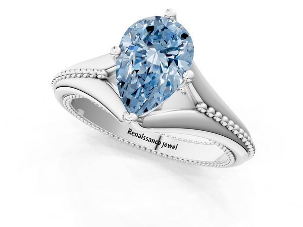 White gold Fancy Blue Pear  Solitaire Beaded Band Six-Prong Setting