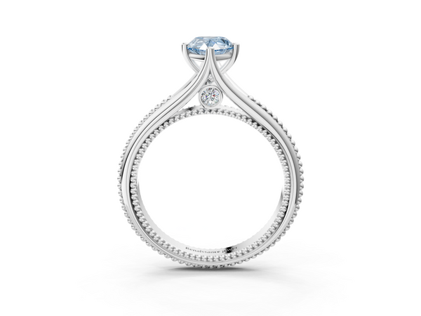 White gold Fancy Blue Pear  Solitaire Beaded Band Six-Prong Setting