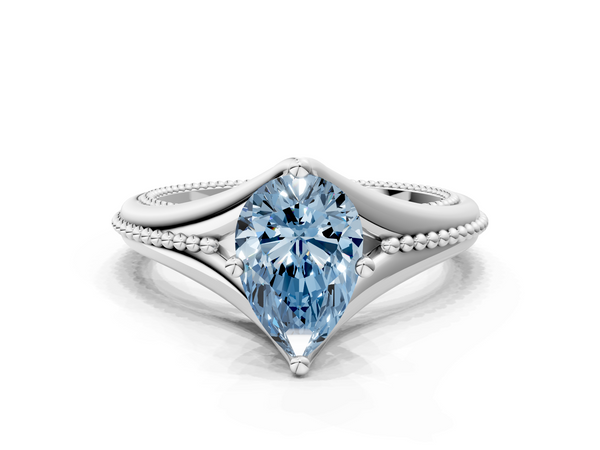 White gold Fancy Blue Pear  Solitaire Beaded Band Six-Prong Setting