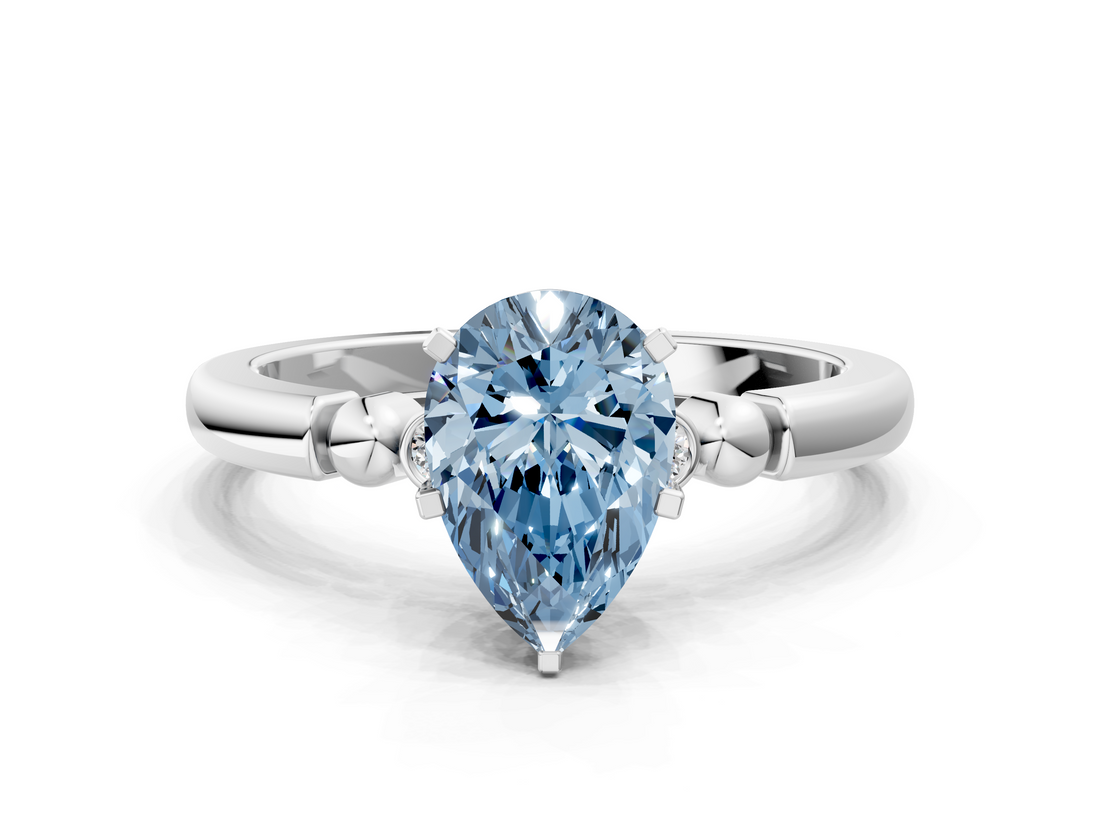 White gold Fancy Blue Pear  Solitaire Beaded Band with Four-Prong Setting_81