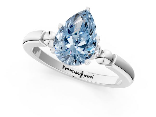 White gold Fancy Blue Pear  Solitaire Beaded Band with Four-Prong Setting