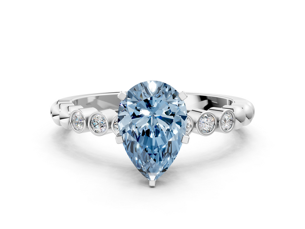 Platinum Fancy Blue Pear  Solitaire Bezel Accent Diamond Engagement Ring with Beaded Band and Four-Prong Setting