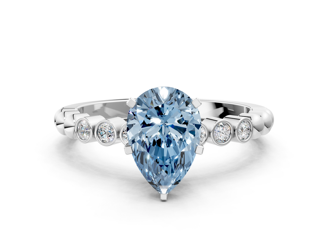 White gold Fancy Blue Pear  Solitaire Bezel Accent Diamond Engagement Ring with Beaded Band and Four-Prong Setting_55