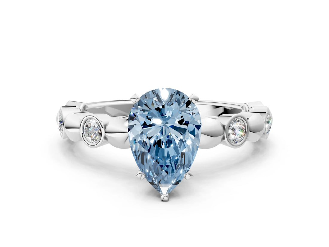 White gold Fancy Blue Pear  Solitaire Bezel-Set Diamond Ring with Beaded Band and Four-Prong Setting_32