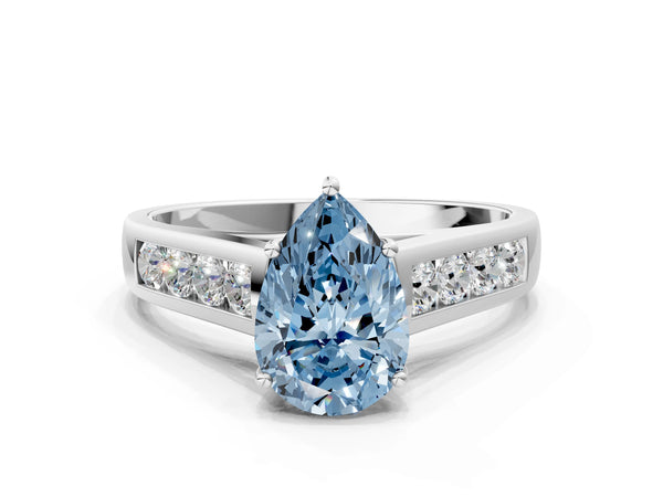 Platinum Fancy Blue Pear  Solitaire Channel-Set Diamond Engagement Ring with Four-Prong Setting