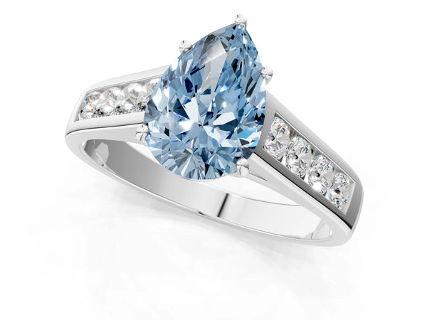 Platinum Fancy Blue Pear  Solitaire Channel-Set Diamond Engagement Ring with Four-Prong Setting