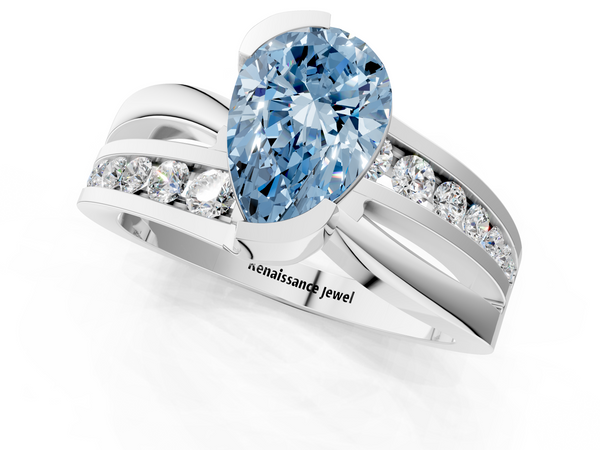 Silver Fancy Blue Pear  Solitaire Channel-Set Split Shank Ring with Tension Prong Setting
