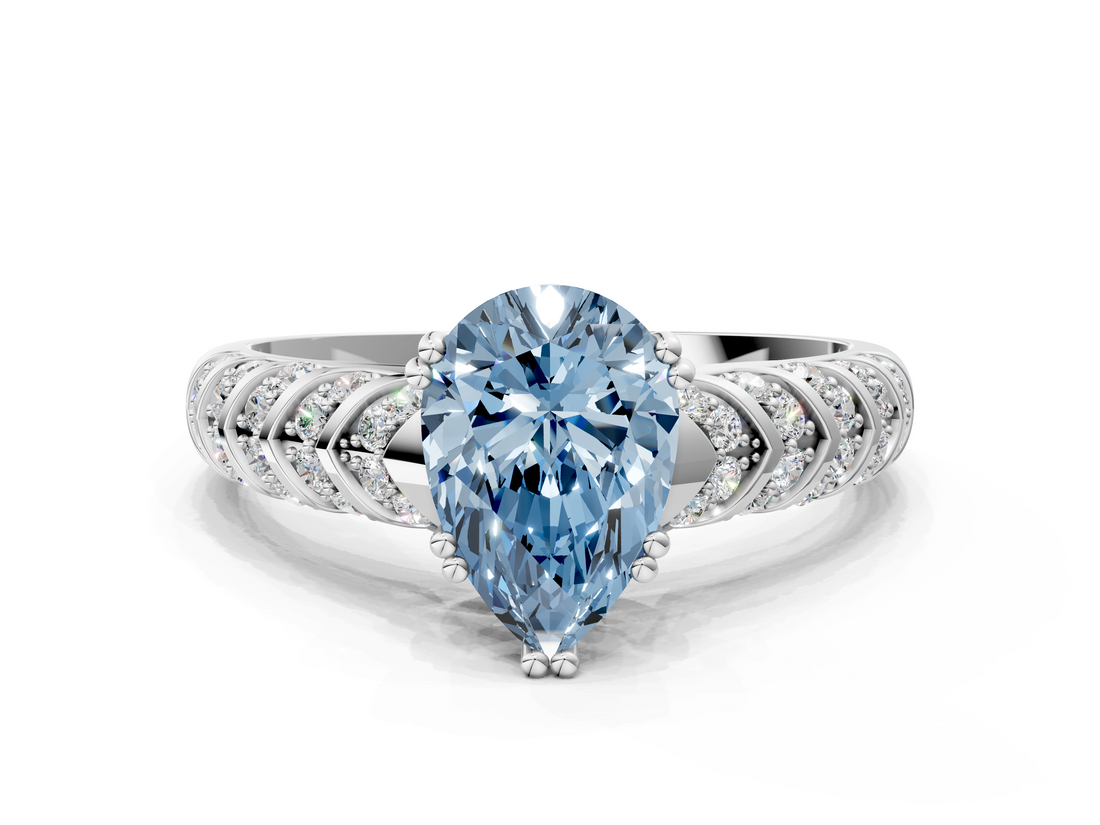White gold Fancy Blue Pear  Solitaire Chevron Pave Diamond Engagement Ring with Six-Prong Setting_3