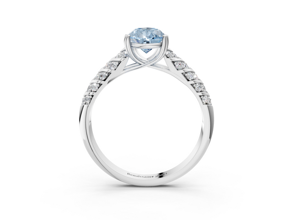 White gold Fancy Blue Pear  Solitaire Chevron Pave Diamond Engagement Ring with Six-Prong Setting