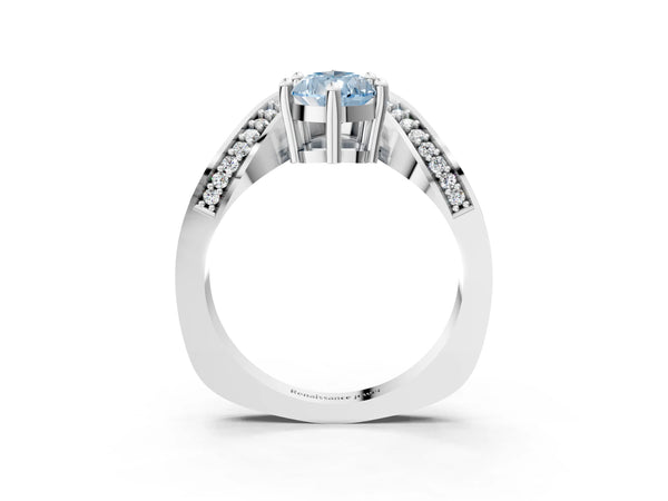 White gold Fancy Blue Pear  Solitaire Diamond Engagement Ring with Pave Band and Four-Prong Setting