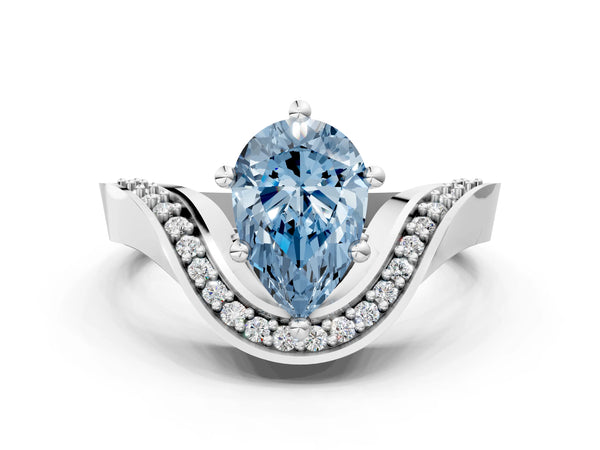 White gold Fancy Blue Pear  Solitaire Diamond Engagement Ring with Pave Band and Four-Prong Setting