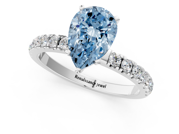 Platinum Fancy Blue Pear Cut Diamond Solitaire Ring with Pavé Accents and Four-Prong Setting