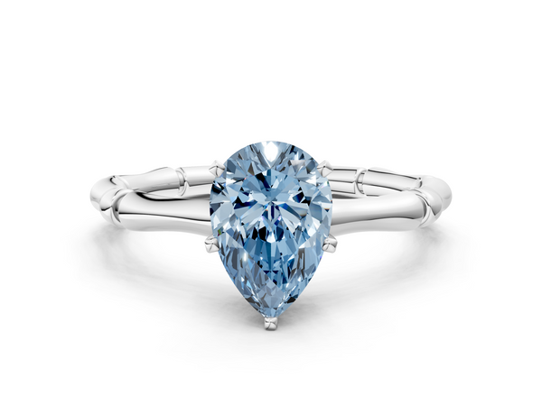 Platinum Fancy Blue Pear  Solitaire Diamond Ring with Bamboo Band and Four-Prong Setting