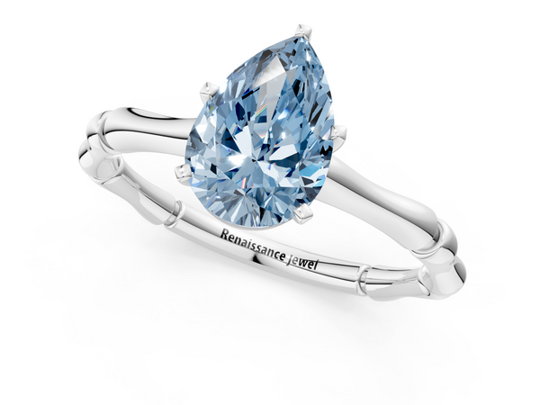 Platinum Fancy Blue Pear  Solitaire Diamond Ring with Bamboo Band and Four-Prong Setting