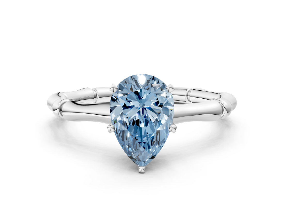White gold Fancy Blue Pear  Solitaire Diamond Ring with Bamboo Band and Four-Prong Setting_50