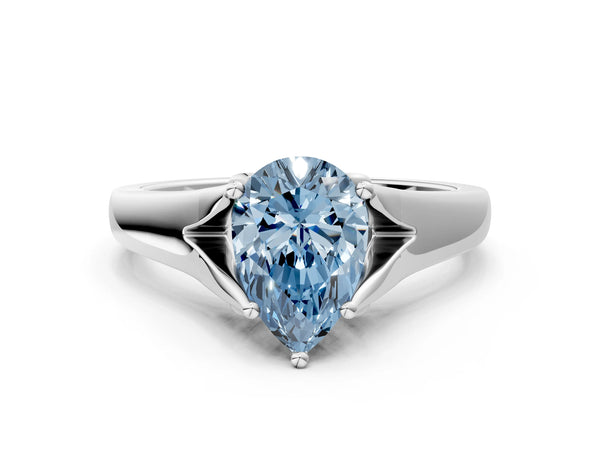 Platinum Fancy Blue Pear  Solitaire Diamond Ring with Cathedral Band and Four-Prong Setting