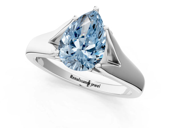 Platinum Fancy Blue Pear  Solitaire Diamond Ring with Cathedral Band and Four-Prong Setting