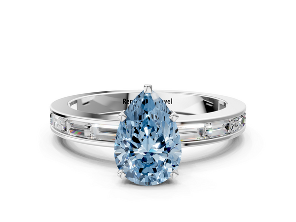 Platinum Fancy Blue Pear  Solitaire Diamond Ring with Channel-Set Baguette Band and Four-Prong Setting