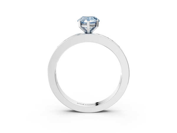 Platinum Fancy Blue Pear  Solitaire Diamond Ring with Channel-Set Baguette Band and Four-Prong Setting
