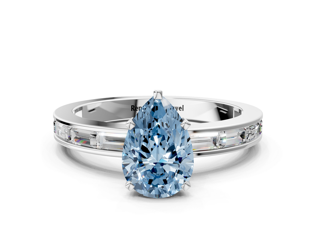 White gold Fancy Blue Pear  Solitaire Diamond Ring with Channel-Set Baguette Band and Four-Prong Setting_85