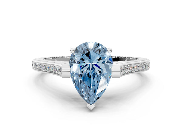 Platinum Fancy Blue Pear  Solitaire Diamond Ring with Channel Set Band and Bezel Prong Setting