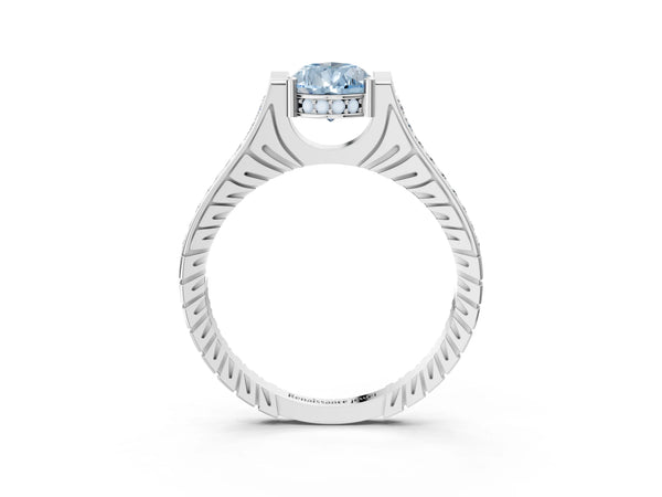 Platinum Fancy Blue Pear  Solitaire Diamond Ring with Channel Set Band and Bezel Prong Setting