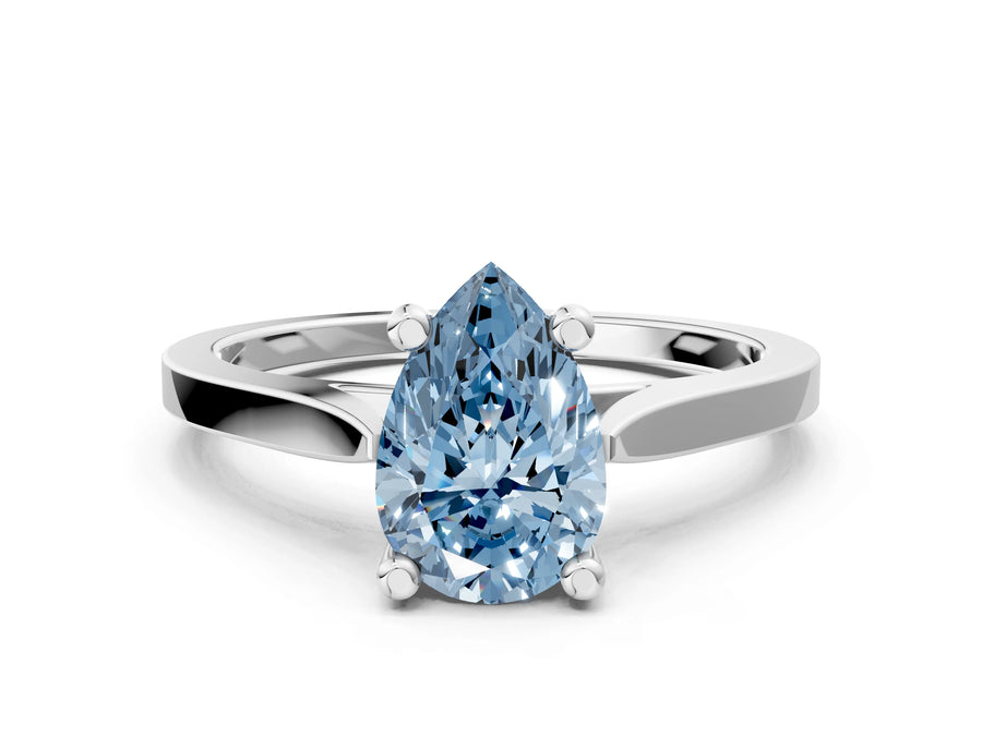 White gold Fancy Blue Pear  Solitaire Diamond Ring with Four-Prong Setting and Tapered Band