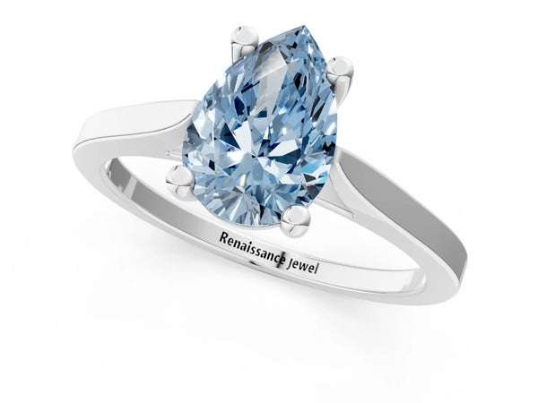 White gold Fancy Blue Pear  Solitaire Diamond Ring with Four-Prong Setting and Tapered Band