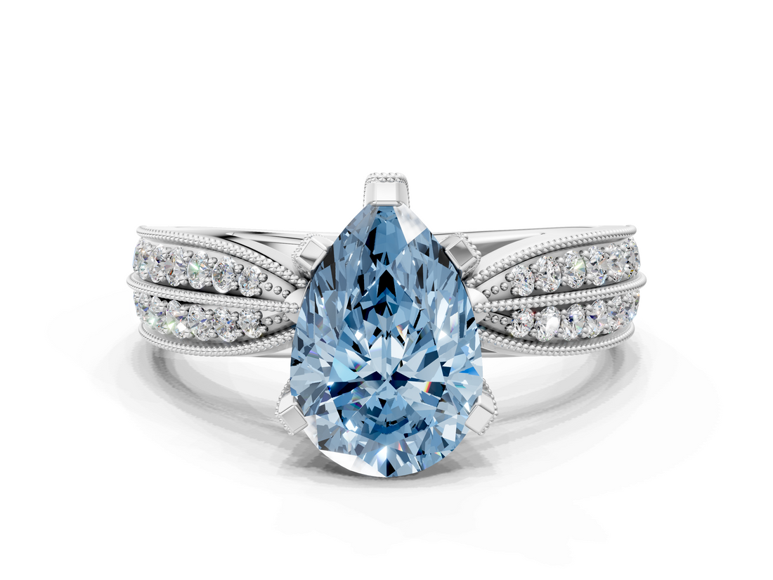 White gold Fancy Blue Pear  Solitaire Diamond Ring with Milgrain Pavé Band and Four-Prong Setting_32