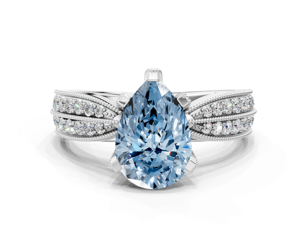 Platinum Fancy Blue Pear  Solitaire Diamond Ring with Milgrain Pavé Band and Four-Prong Setting