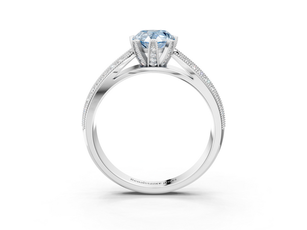 Platinum Fancy Blue Pear  Solitaire Diamond Ring with Milgrain Pavé Band and Four-Prong Setting