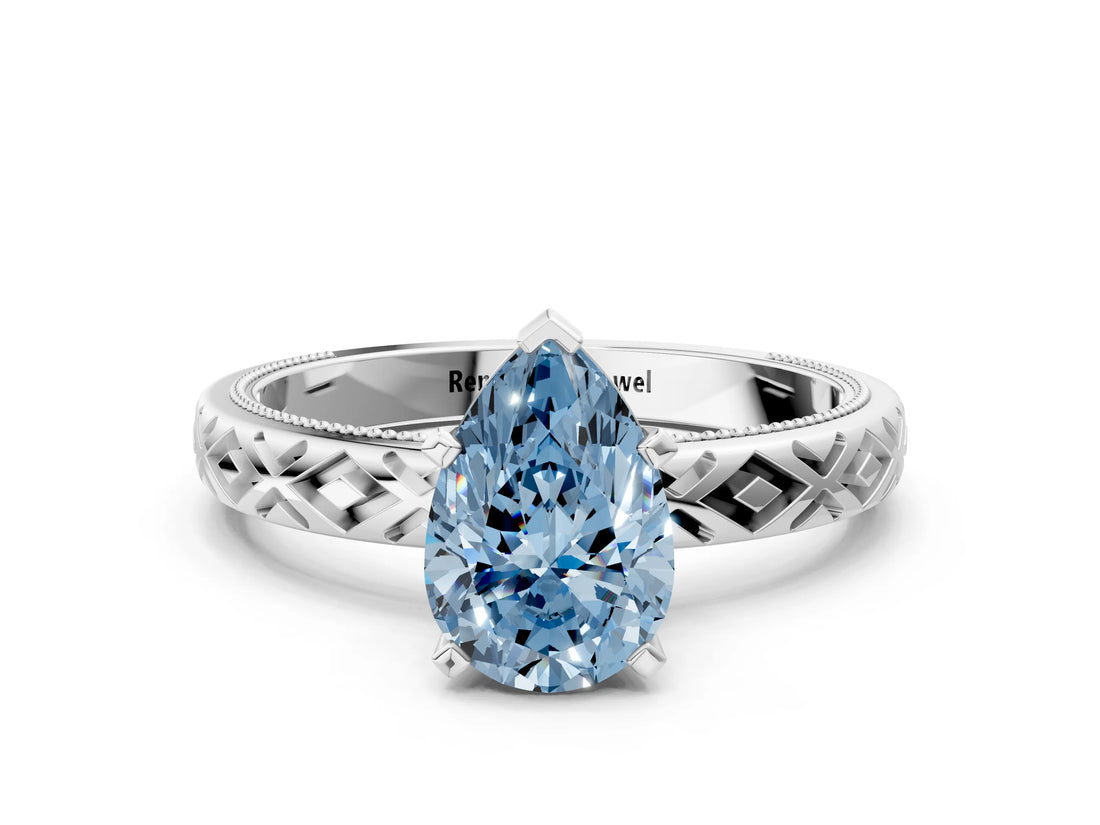 White gold Fancy Blue Pear  Solitaire Diamond Ring with Milgrain and Black Enamel X Pattern Band_172