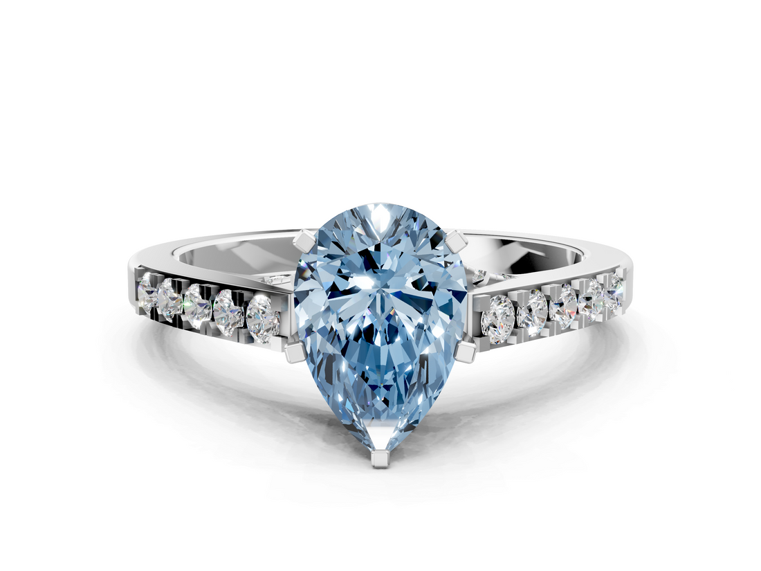 White gold Fancy Blue Pear  Solitaire Diamond Ring with Pavé Band and Four-Prong Setting_86