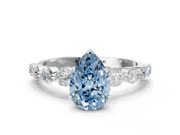 Platinum Fancy Blue Pear Cut Solitaire Diamond Ring with Pave Band and Four-Prong Setting