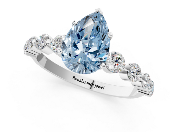 Platinum Fancy Blue Pear Cut Solitaire Diamond Ring with Pave Band and Four-Prong Setting
