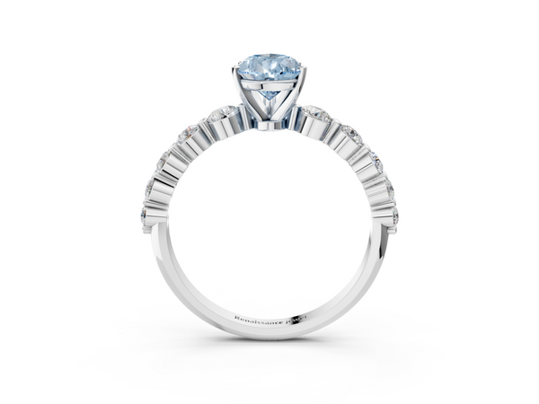 Platinum Fancy Blue Pear Cut Solitaire Diamond Ring with Pave Band and Four-Prong Setting