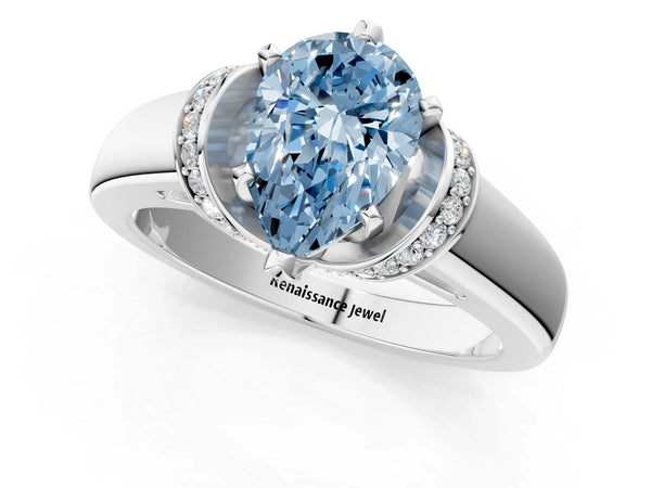 White gold Fancy Blue Pear  Solitaire Diamond Ring with Pave Band and Six-Prong Setting