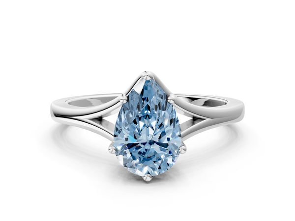 Platinum Fancy Blue Pear  Solitaire Diamond Ring with Six-Prong Setting and Tapered Band