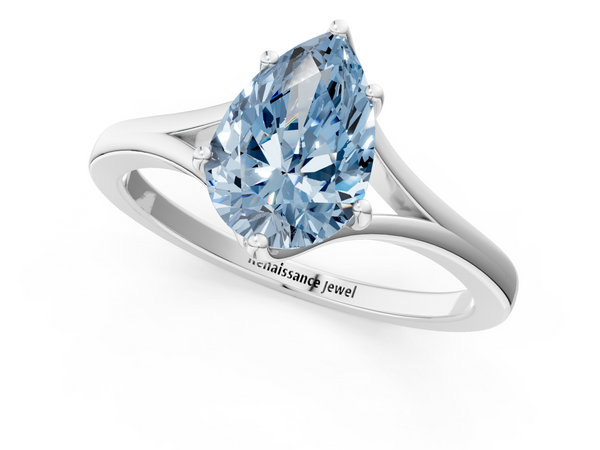 Platinum Fancy Blue Pear  Solitaire Diamond Ring with Six-Prong Setting and Tapered Band