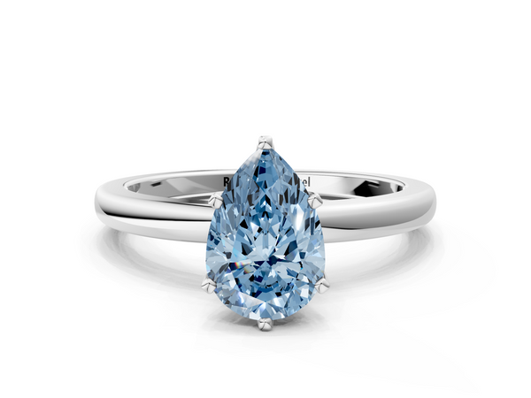 Platinum Fancy Blue Pear  Solitaire Diamond Ring with Six-Prong Setting on a Classic Band