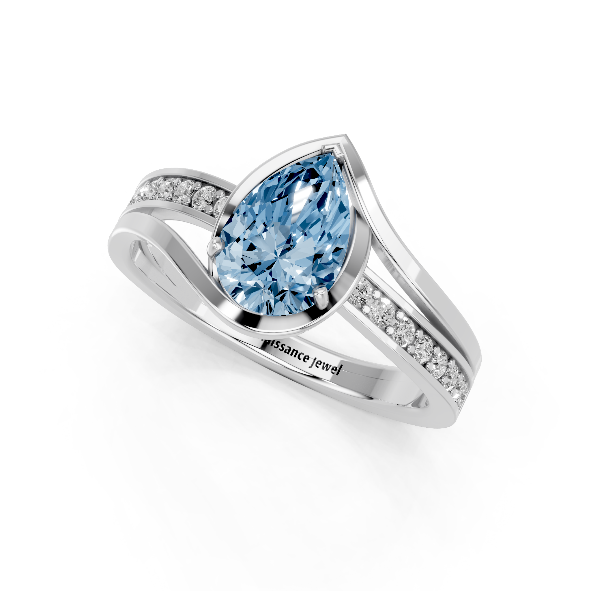 White gold Fancy Blue Pear  Solitaire Diamond Ring with Split Shank and Prong Setting_3