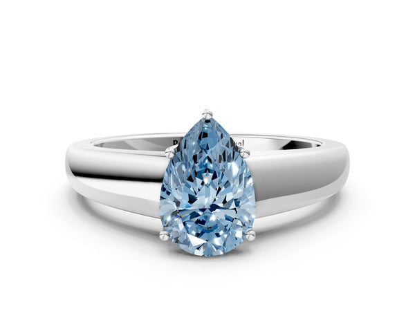White gold Fancy Blue Pear  Solitaire Diamond Ring with Tapered Band and Four-Prong Setting