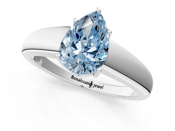 White gold Fancy Blue Pear  Solitaire Diamond Ring with Tapered Band and Four-Prong Setting