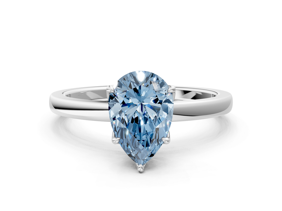 White gold Fancy Blue Pear  Solitaire Diamond Ring with Thin Band and Four-Prong Setting_3