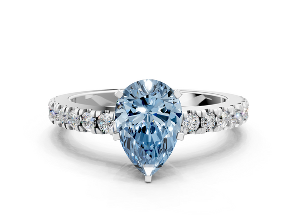 Platinum Fancy Blue Pear  Solitaire Diamond with Pavé Band and Four-Prong Setting